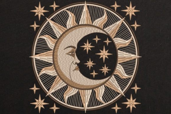 Face Moon and Stars Embroidery Design